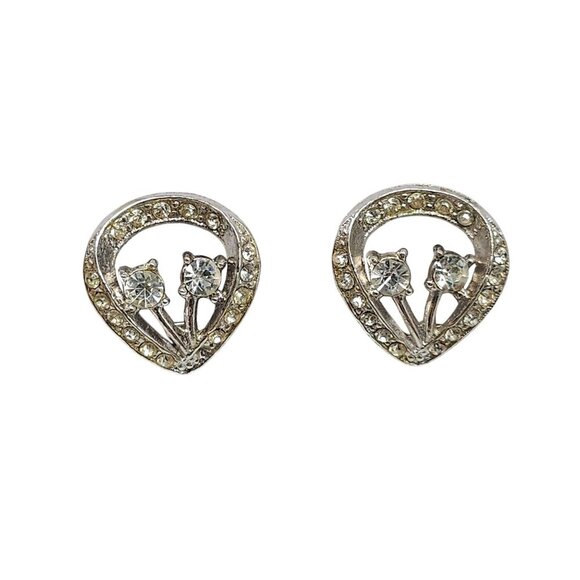 Estate Jewelry - Vintage Silver Tone Teardrop Clip On Earrings With Clear Rhinestones